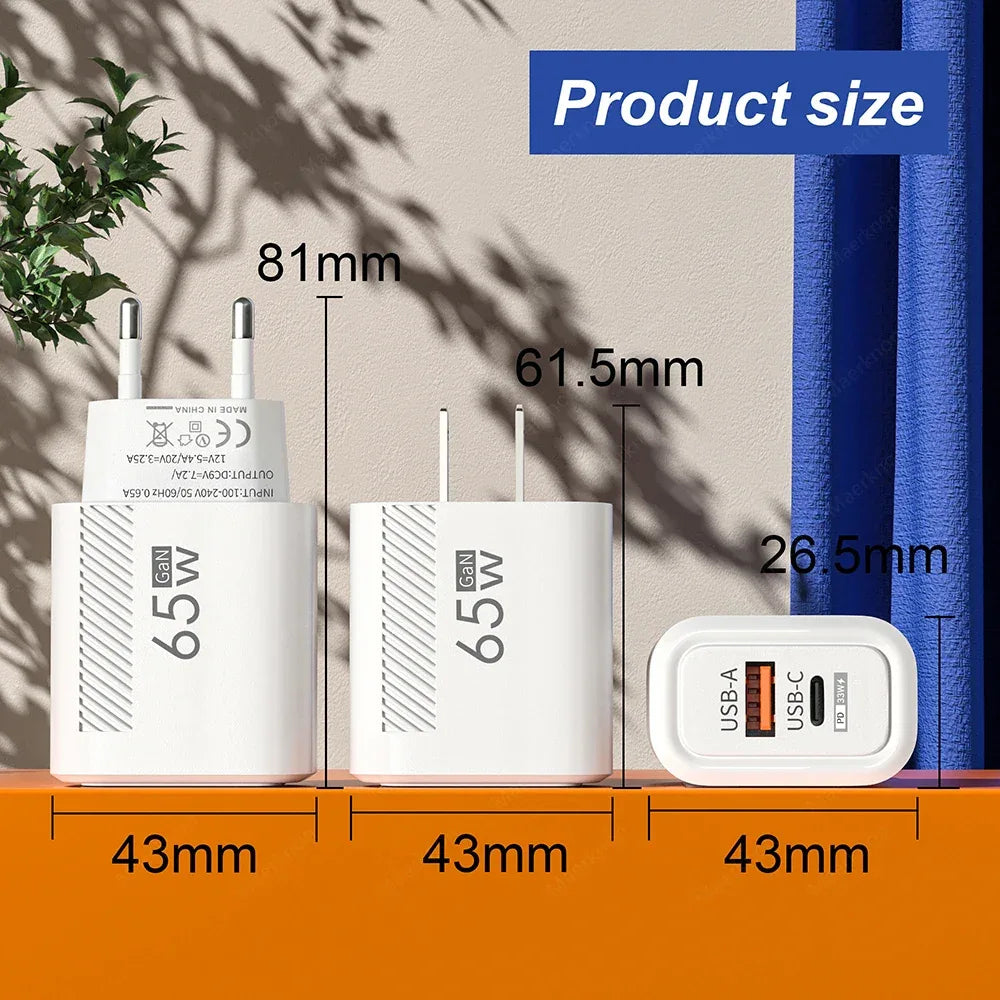 65W GaN USB C Fast Charger QC3.0 EU/US Plug Phone Charger Adapter For iPhone Samsung Xiaomi Quick Charging Type C Wall Charger