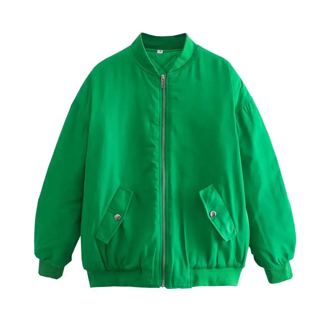 Retro Solid Zipper Cotton Jackets Women Casual Loose Bomber Jacket With Oblique Pockets Female Y2k Autumn Chic Street Outwear