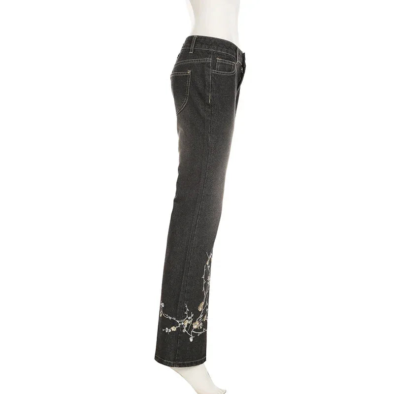 Floral Embroidery Jeans Women Y2K Streetwear Baggy Denim Pants Vintage 2000S Low Rise Flared Jeans Female High Street Trousers