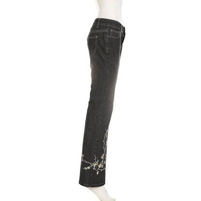 Floral Embroidery Jeans Women Y2K Streetwear Baggy Denim Pants Vintage 2000S Low Rise Flared Jeans Female High Street Trousers