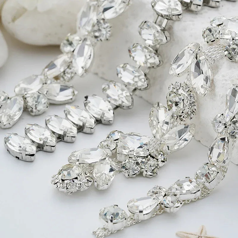 QIAO 90cm Rhinestone Crystal Chain Diamante Lace Diamond Trim Ribbon Necklace Applique Gem Sparkle Wedding Dress for DIY Craft