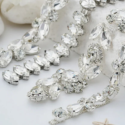 QIAO 90cm Rhinestone Crystal Chain Diamante Lace Diamond Trim Ribbon Necklace Applique Gem Sparkle Wedding Dress for DIY Craft