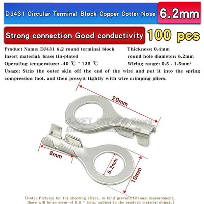 100PCS Circular Terminal Blocks DJ431 O-ring lugs Cold pressed connectors Copper lugs Terminal blocks Open ended bare ends 6.3mm