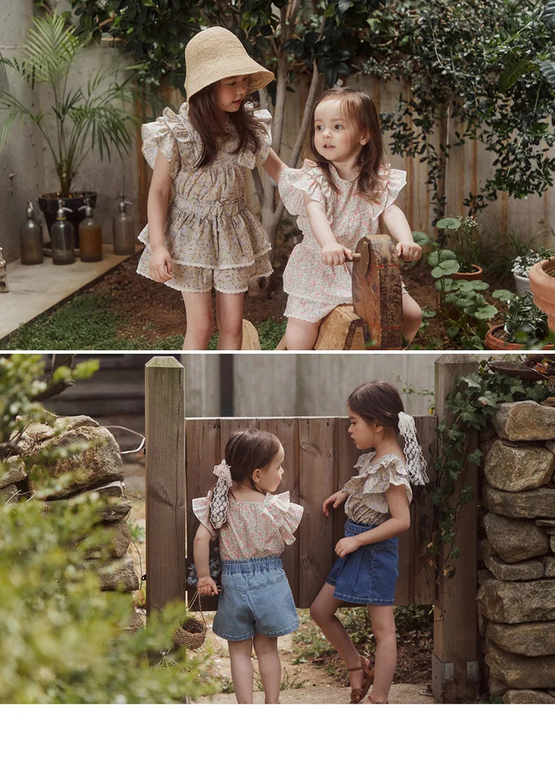 Kids Girls Cute Shirts and Shorts Skirts Outfit Set 2026 Summer New Korea Children Floral Fringed Shirts Skirts Clothes Set