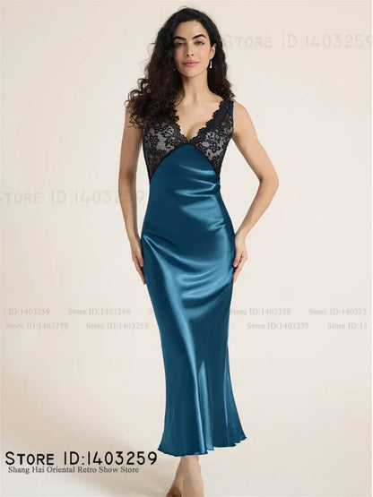 Elegant Female Long Nightgown Sleepwear Sexy Patchwork Lace Backless Nightdress Lingerie Summer New Silk Satin Homewear Nighty