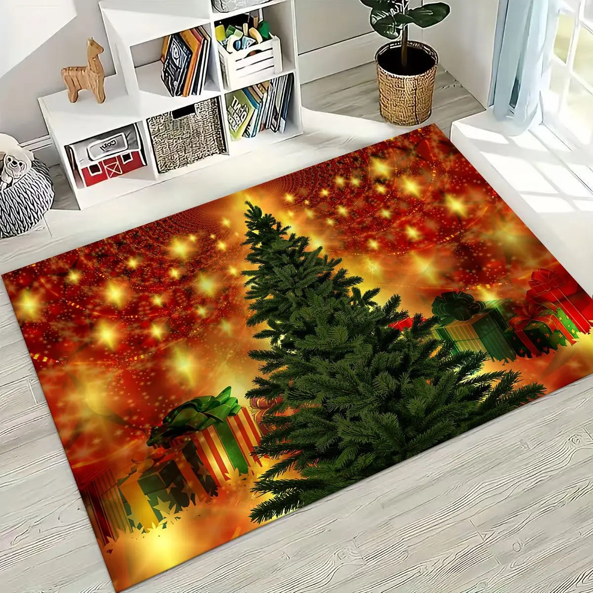 Happy New Year Merry Christmas Tree Santa Claus Cartoon Gift Carpet Rug for Bedroom Living Room Sofa Home Doormat Decor,Non-slip