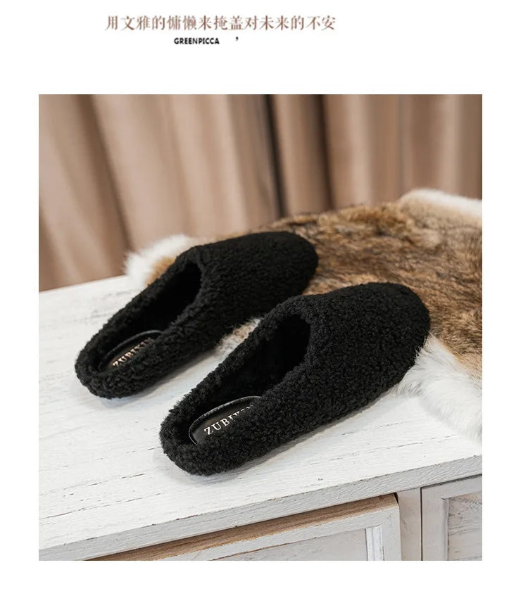 Big Size 43 Women Lambswool Slippers Winter Sheep Fur Shoes Ladies Flat Cotton Slides Home Pantuflas Daily Slip On Furry Mules