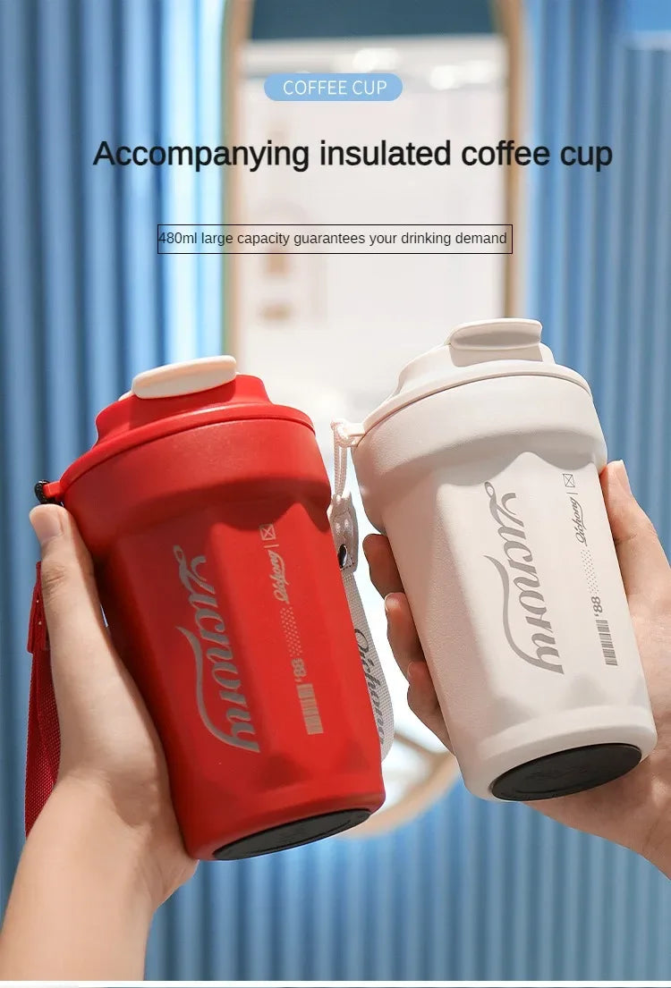 480ml Portable Thermal Coffee Mug Double Layer Stainless Steel Coffee Mug with Lid Car Thermos Milk Juice Water Bottle Gift Mug