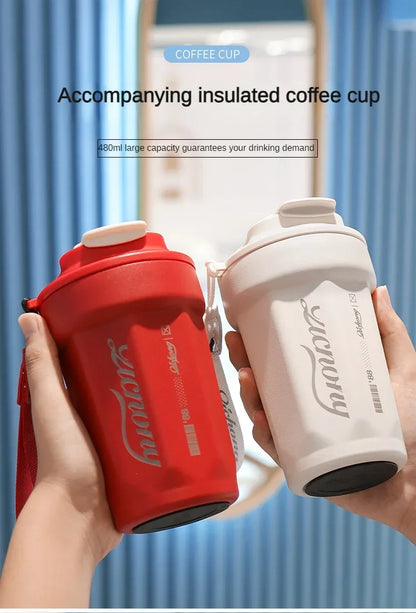 480ml Portable Thermal Coffee Mug Double Layer Stainless Steel Coffee Mug with Lid Car Thermos Milk Juice Water Bottle Gift Mug