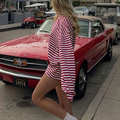 Combhasaki Women 2Piece Striped Y2k Outfits Set Casual Long Sleeve Crew Neck Shirt Tops+Elastic Waist Wide Leg Shorts Tracksuits