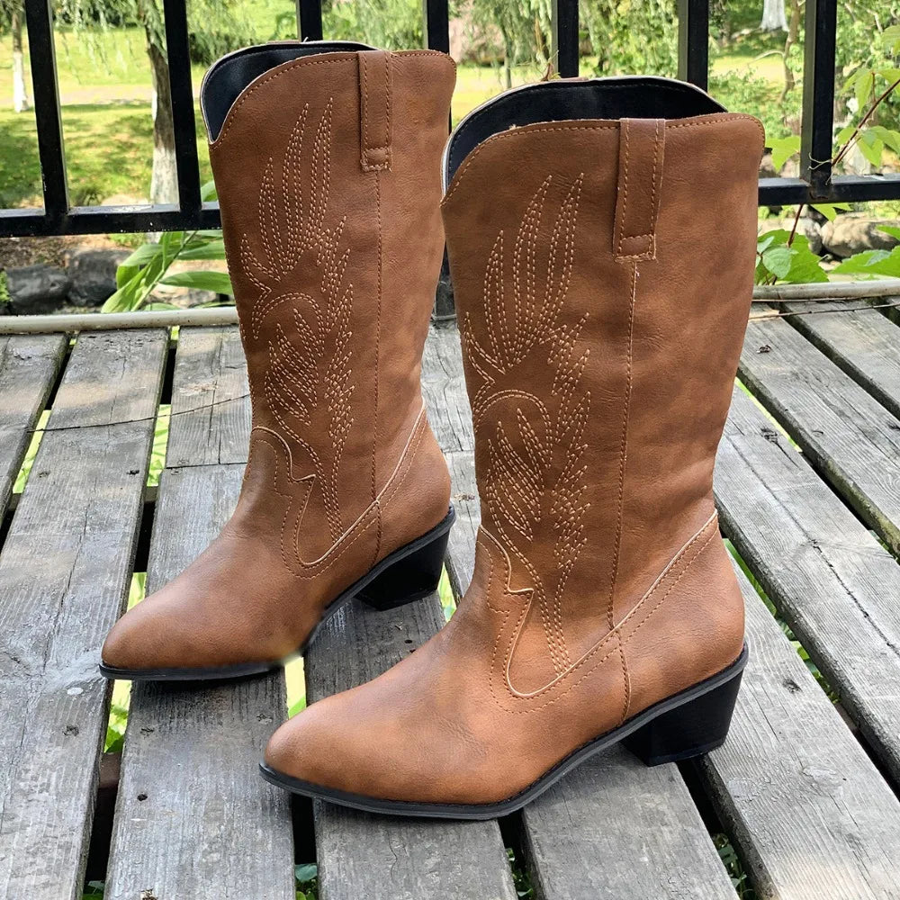 2024 Classic Embroidered Western Cowboy Boots for Women Leather Cowgirl Boots Low Heels Shoes Knee High Woman Boots Size36-43