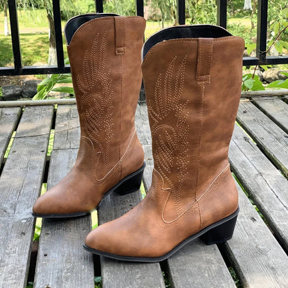 2024 Classic Embroidered Western Cowboy Boots for Women Leather Cowgirl Boots Low Heels Shoes Knee High Woman Boots Size36-43