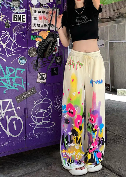 Kawaii Cute Dopamine Graffiti Casual Pants Women Tie Dye Summer Elastic High Waiste Drawstring Pockets Loose Wide Leg Trousers