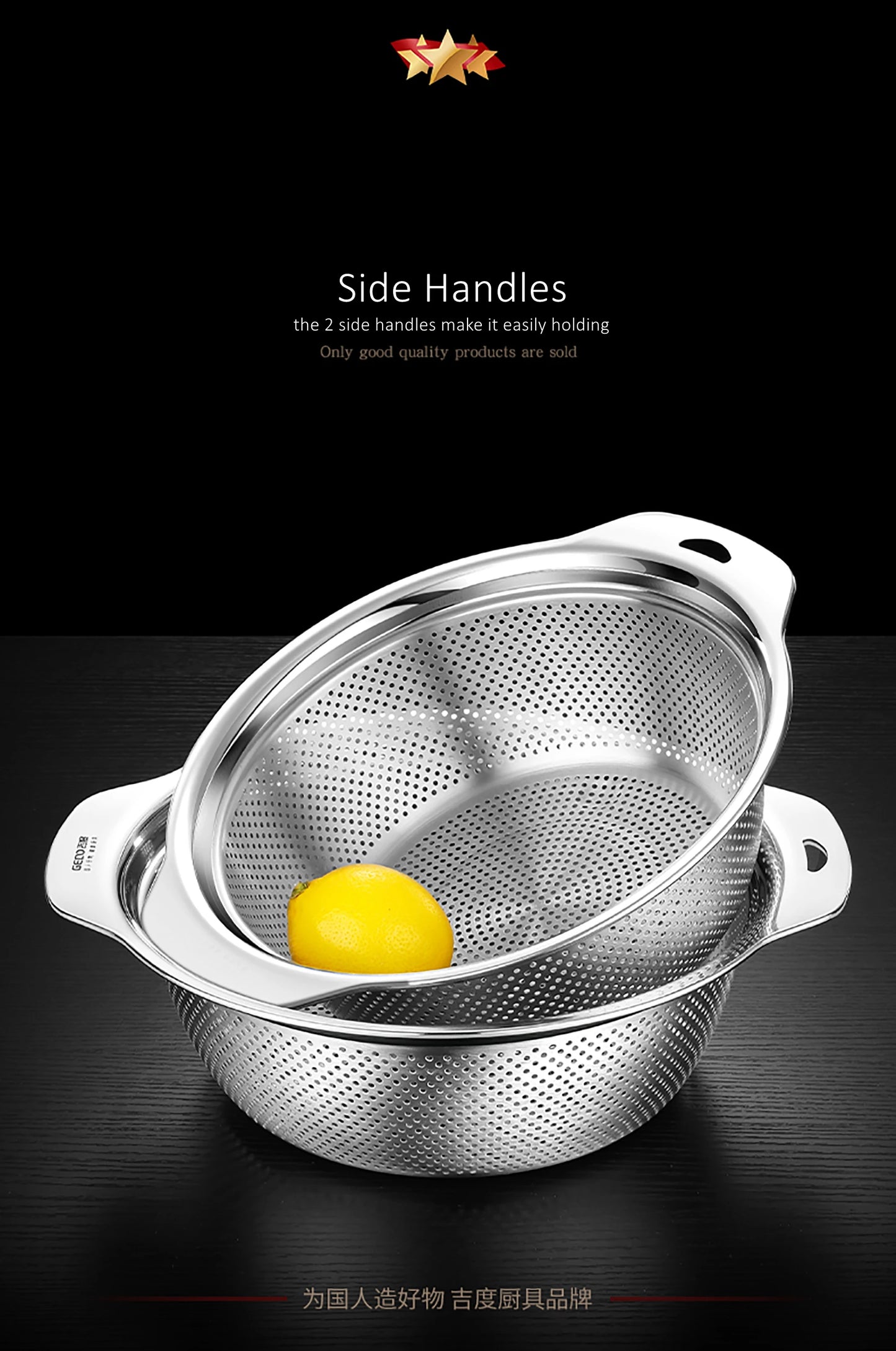 LFGB Certification Kitchen Fruit Vegetable and Rice Washing Basin 23~31cm Diameter Dense Drainage Hole Colander with Side Handle