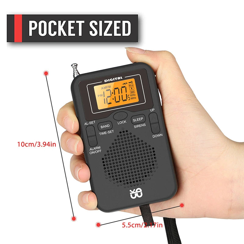 Portable Radio Mini AM FM Weather Radio Pocket Radio Player LCD Screen Digital Alarm Clock Radio Long Range Best Reception