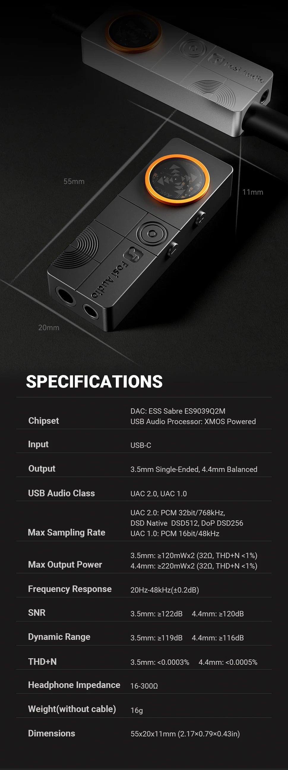 Fosi Audio DS3 DAC Amp Portable HIFI Headphone Amplifer  XMOS XU316 DSD512   dongle dac 4.4mm Balanced/3.5mm Jack