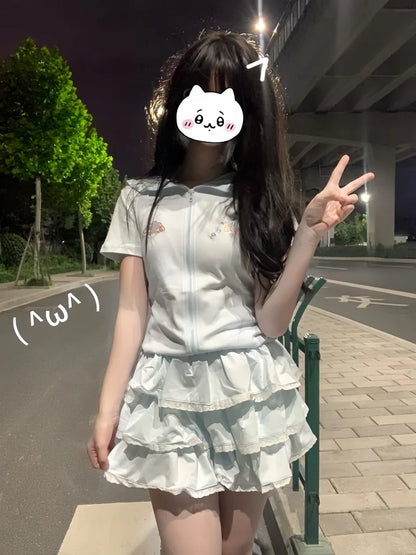 Japanese Kawaii Lolita 2-Pieces Set Women Sweet Rabbit Ear Zipper Hooded Tops + Cute Cake Mini Skirt Harajuku Y2k Outfits Summer
