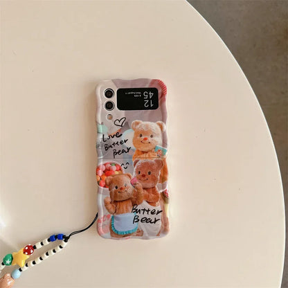 Cartoon Cute Bear Wave Border Phone Case for Samsung Galaxy Z Flip 5 4 3 Zflip5 Flip3 ZFlip4 Star Bracelet Shockproof Lens Cover