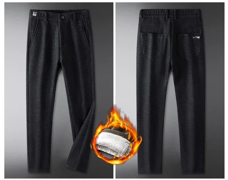 Casual Pants Men Winter New Fleece Business Elastic Waist Slim Korean Warm Thick Brushed Plush Trousers Male 28-38