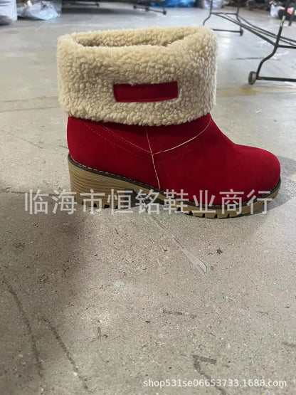 Warm Fleece Lined Mid-Calf Snow Boots Women's Velvet Booties Matte Finish Booties Two-Way Wear Low Heel round Toe Winter Boots