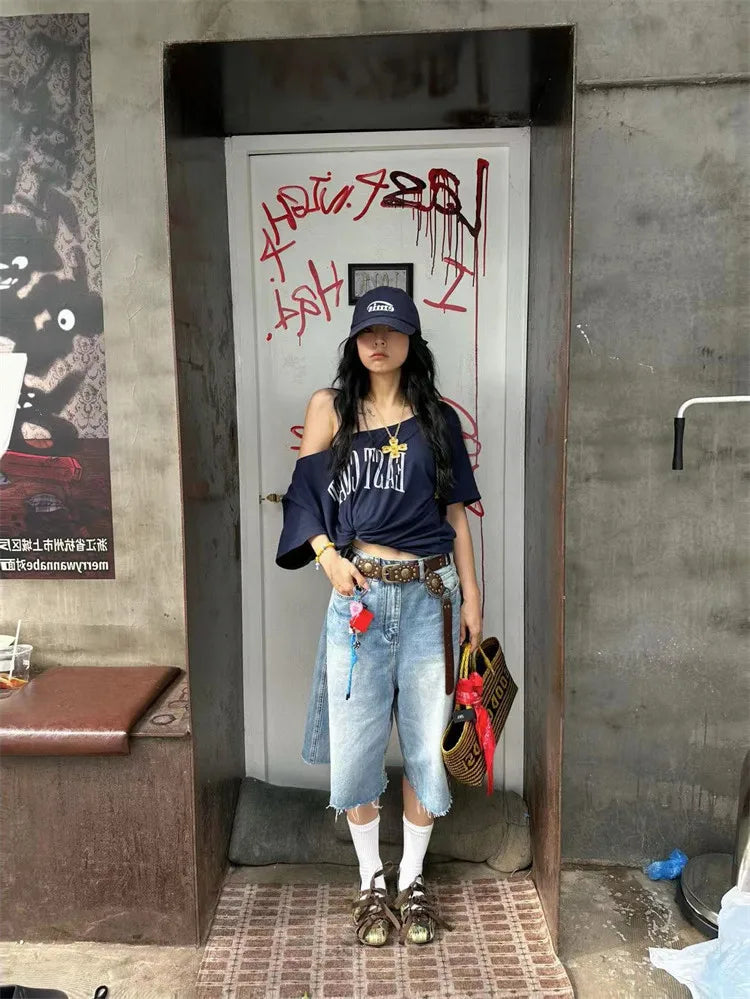 Yedinas Loose Off Shoulder Letter Graphic T Shirts Woman Clothing Short Sleeve American Retro Summer Tops Korean Style Y2k Tees