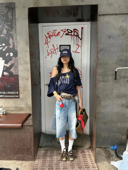 Yedinas Loose Off Shoulder Letter Graphic T Shirts Woman Clothing Short Sleeve American Retro Summer Tops Korean Style Y2k Tees