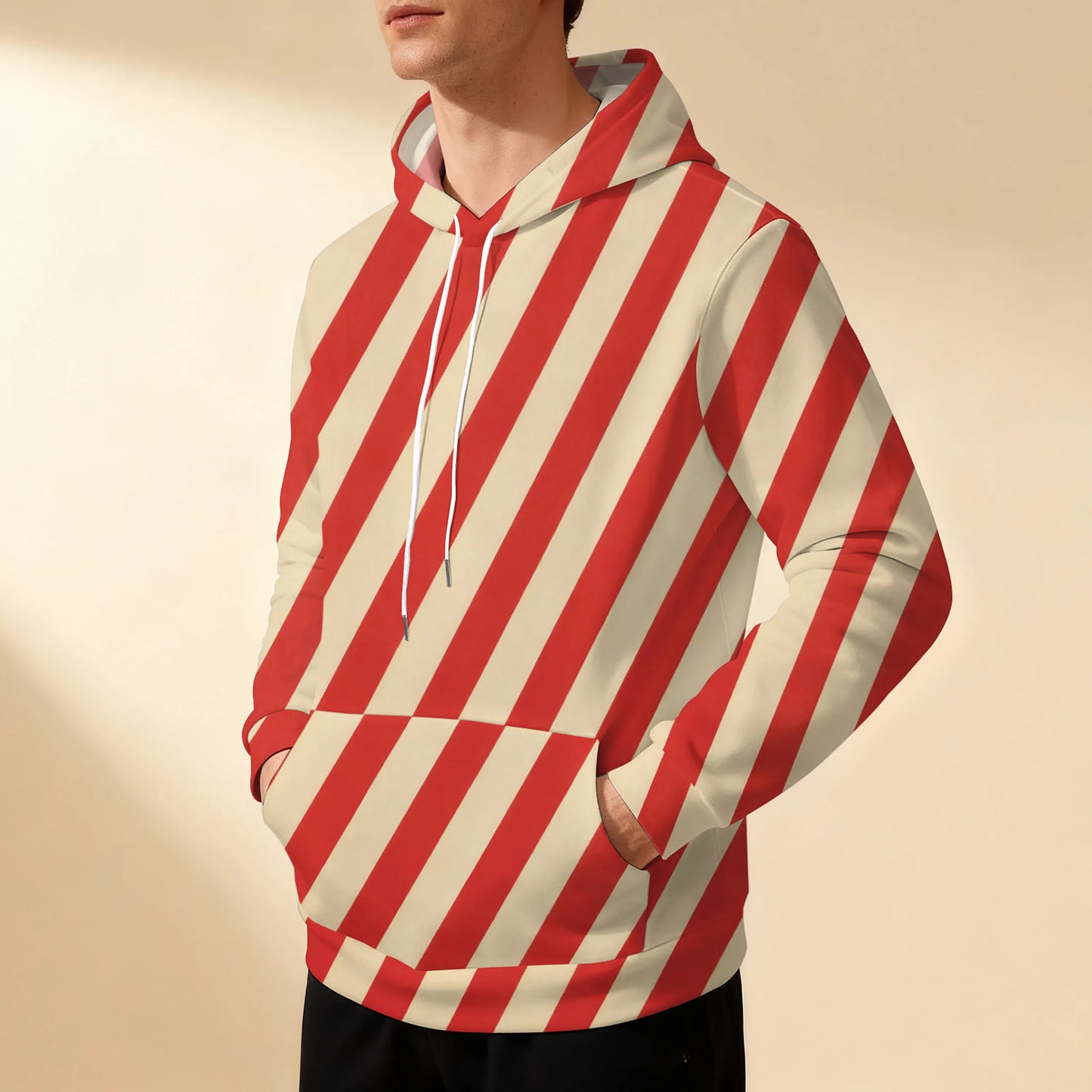 Men's striped hooded sweatshirt with drawstring, sporty, casual, stylish, versatile, and comfortable, perfect for commuting.
