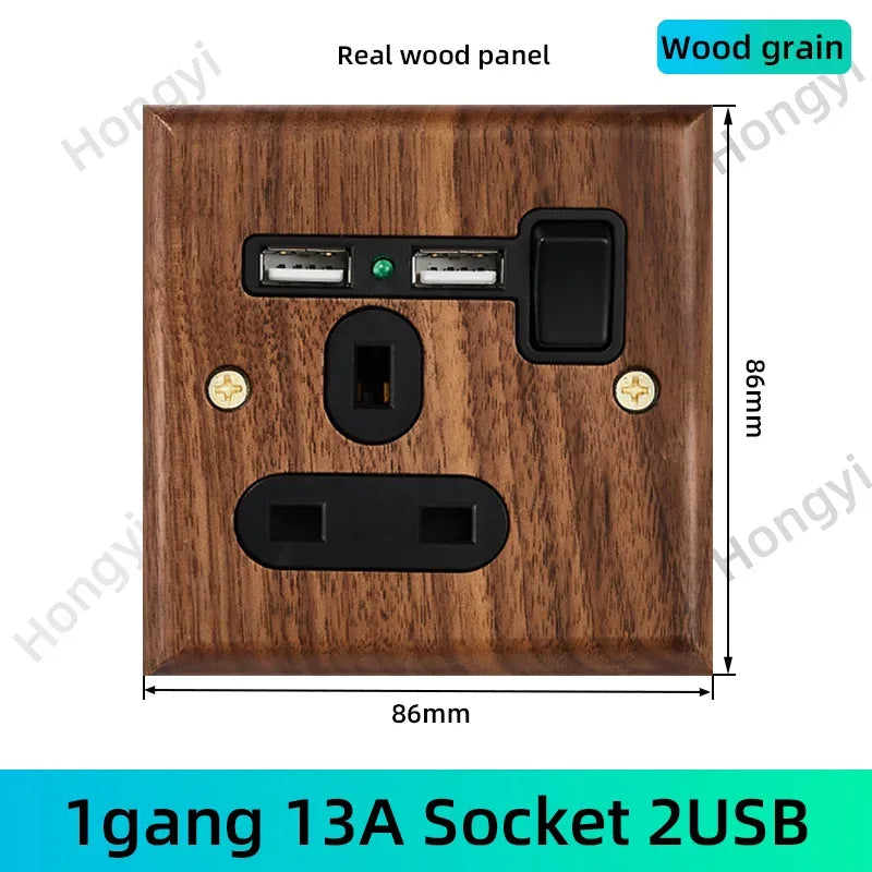 Black walnut retro European retro wall lamp switch socket, solid wood brass toggle switch board 1-4Gang 2Way antique home switch