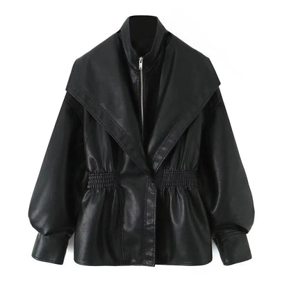 2025 Elastic Waist Cinching Brwon Leather Jacket Women Casual Lapel Zipper Pu Coat Lady New Autumn Outdoors Highstreet Outwear