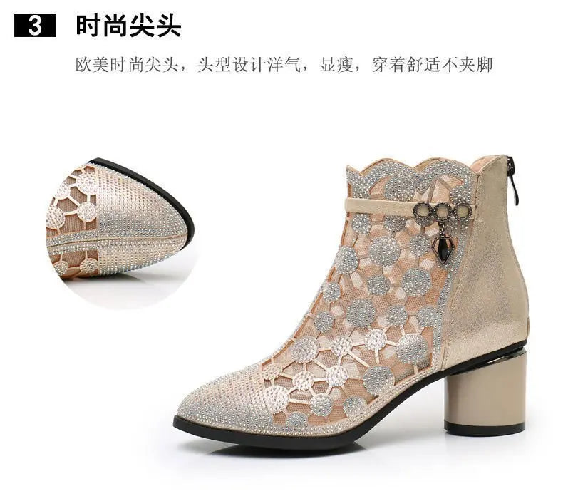 2025 Spring Summer Fashion Rhinestones Gauze Sandals Thick Heels Mesh Autumn Ankle Boots Female Hollow Women's Shoes