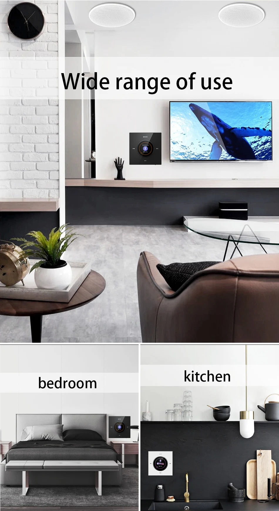 Home Background music player system audio in wall power amplifier bluetooths TF USB FM radio AUX controls panel ceiling speakers