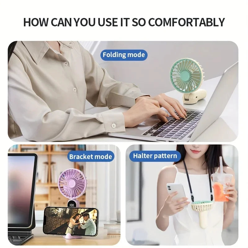 Portable USB Fan 6 Speed Digital Display Foldable 3-in-1 Handheld Neck Desk Fan for Outdoor Travel Home Office Cooling