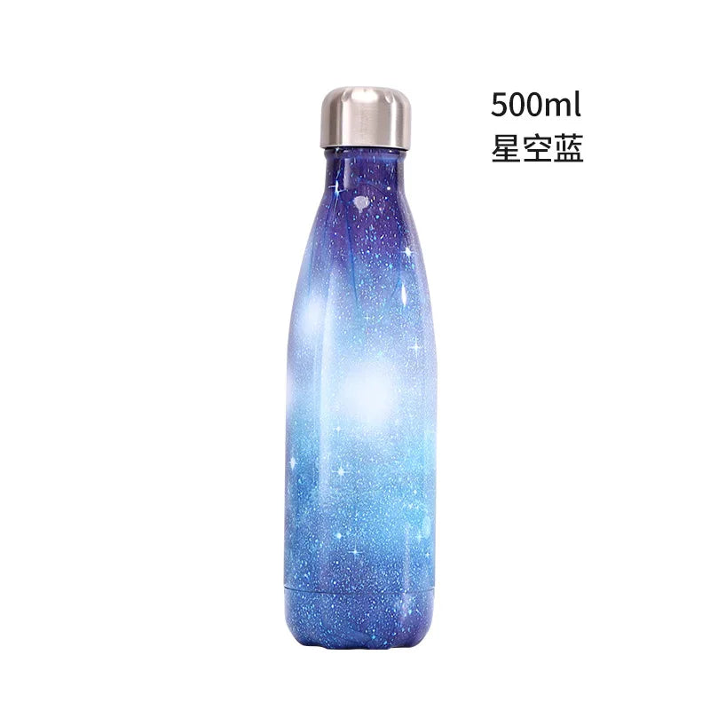 500ml Cola Shape Insulated Bottle, 304 Stainless Steel Vacuum Flask, Marble/Print Portable Water Bottle