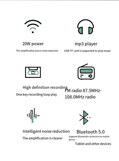 20W 2.4G Wireless / Wired Voice Amplifier Microphone Bluetooth 5.0 SpeakerTeacher School Tour Guide Portable FM Radio Megaphone
