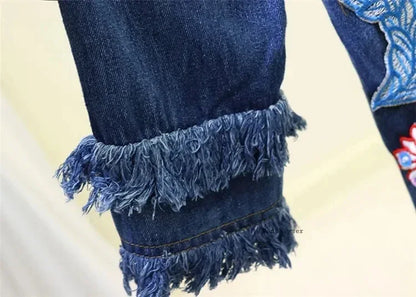 Spring Autumn Loose Vintage Flower Embroidered Denim Jacket Women Single-breasted Casual Raw Fringe Hole Jeans Jackets Female