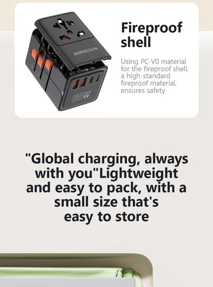 65W/45W/25W GaN Universal Travel Adapter with 2 USB 2 Type C Fast Charging All-in-one Travel Charger EU/UK/USA/AUS for Travel