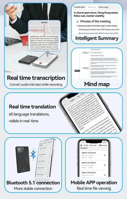 AI Voice Recorder GPT Intelligence APP Control Audio Mind Map Real Time Transcription/Summary/Translation Phone Calls Recording