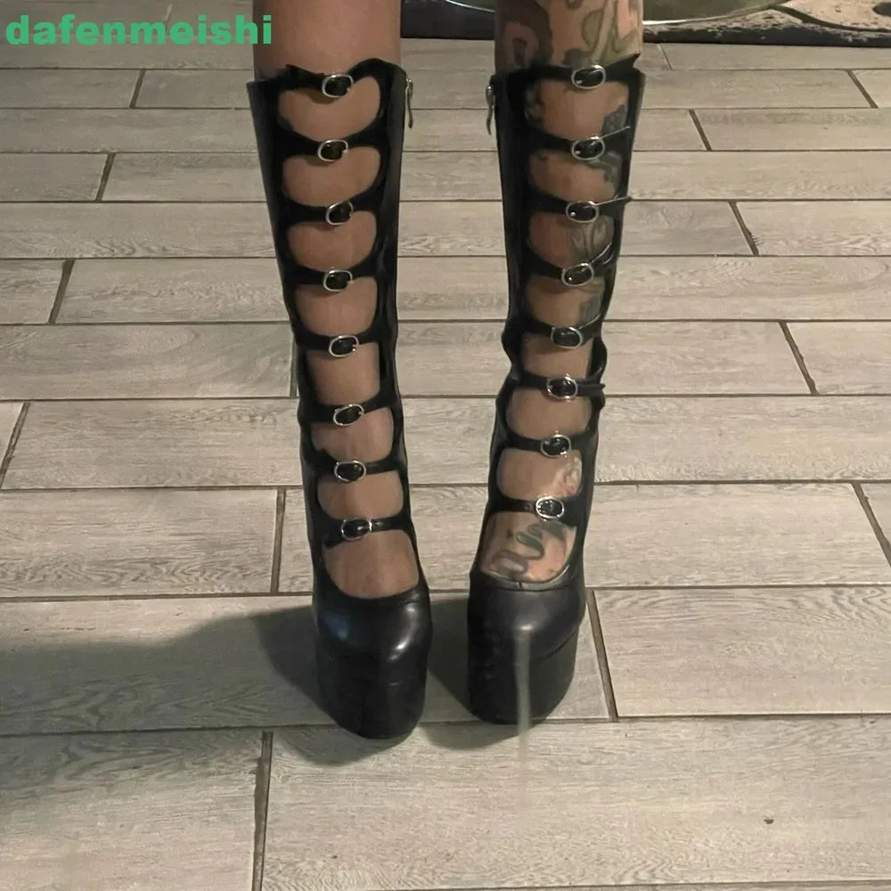 2026 New Women Pole Dance Shoes Hollow Mid-Calf Boots Platform Zipper Square Heel Buckle Strap Fashion Round Toe Sexy Boots