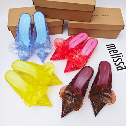 Design Big Butterfly Knot Melissa Women Flat Mules Sandals High Quality Cozy Patent Leather Pointed Toe Back Strap Shoes