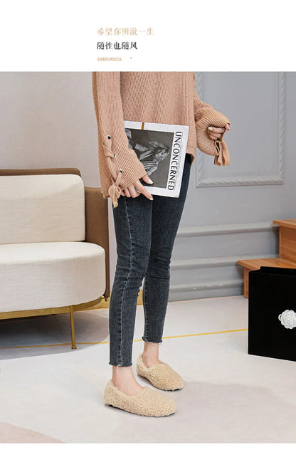 Big Size 43 Women Lambswool Slippers Winter Sheep Fur Shoes Ladies Flat Cotton Slides Home Pantuflas Daily Slip On Furry Mules