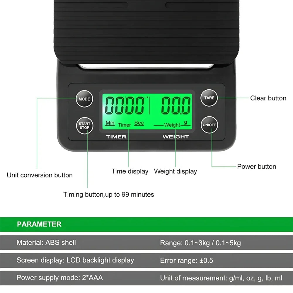 5/3kg LCD Electronic Drip Coffee Scale High Precision Measuring Digital Display Timer Coffee Weight Tools Portable Kitchen Sc