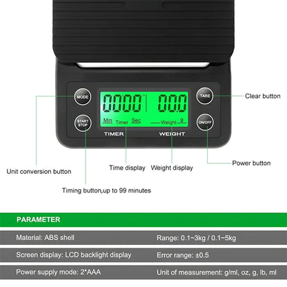 5/3kg LCD Electronic Drip Coffee Scale High Precision Measuring Digital Display Timer Coffee Weight Tools Portable Kitchen Sc