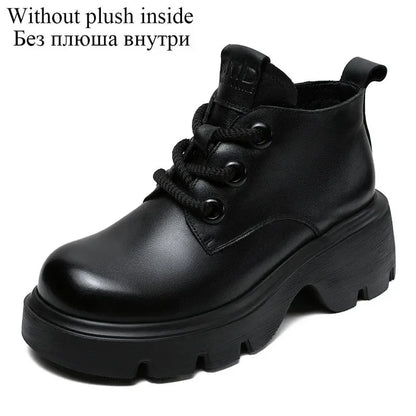 DRKANOL Luxury Design Genuine Leather Ankle Boots For Women Platform Casual Short Boots Women Winter Thick High Heel Warm Shoes