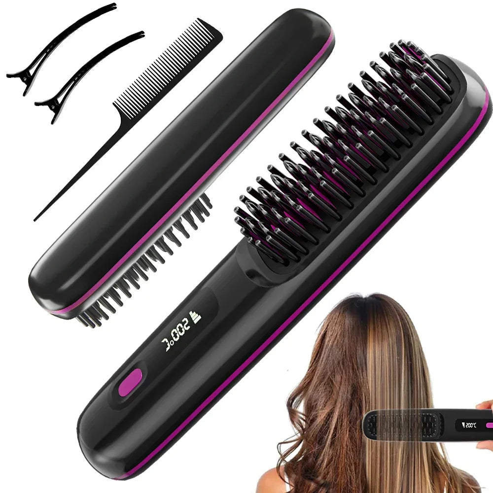 Rechargeable Hair Straightener Brush with 20s Fast Heating and 3 Temp Settings, Straightening Comb with Negative Ions for Women