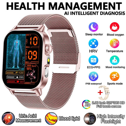 2026 New Model Uric Acid & Lipid Health Analysis Smart Watch Men ECG+PPG Bluetooth Call 2.01-inch Flashlight Smartwatch Women