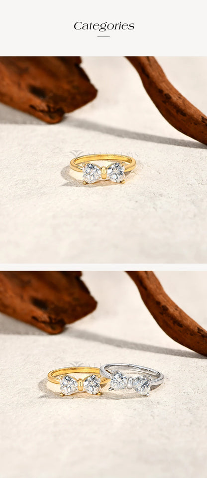 Bagues en argent sterling 925 avec nœud papillon et moissanite, lot de 2, 0,8 ct, taille cœur, couleur D, pureté VVS1. Bijou de luxe idéal pour une soirée.