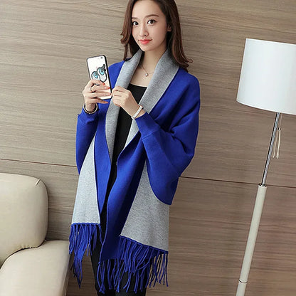 Autumn Winter Tassel Long Sweater Cardigans Casual Korean Long Sleeve Cloak Patchwork Knitwear Coats Outwaer LMFS-LM-8015