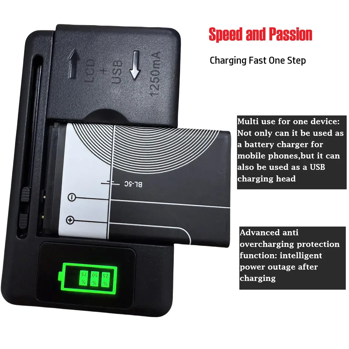Mobile Battery Charger Universal LCD Indicator Screen USB-Port For Cell Phone Chargers 32-55mm Battery Charging US UK EU Plug