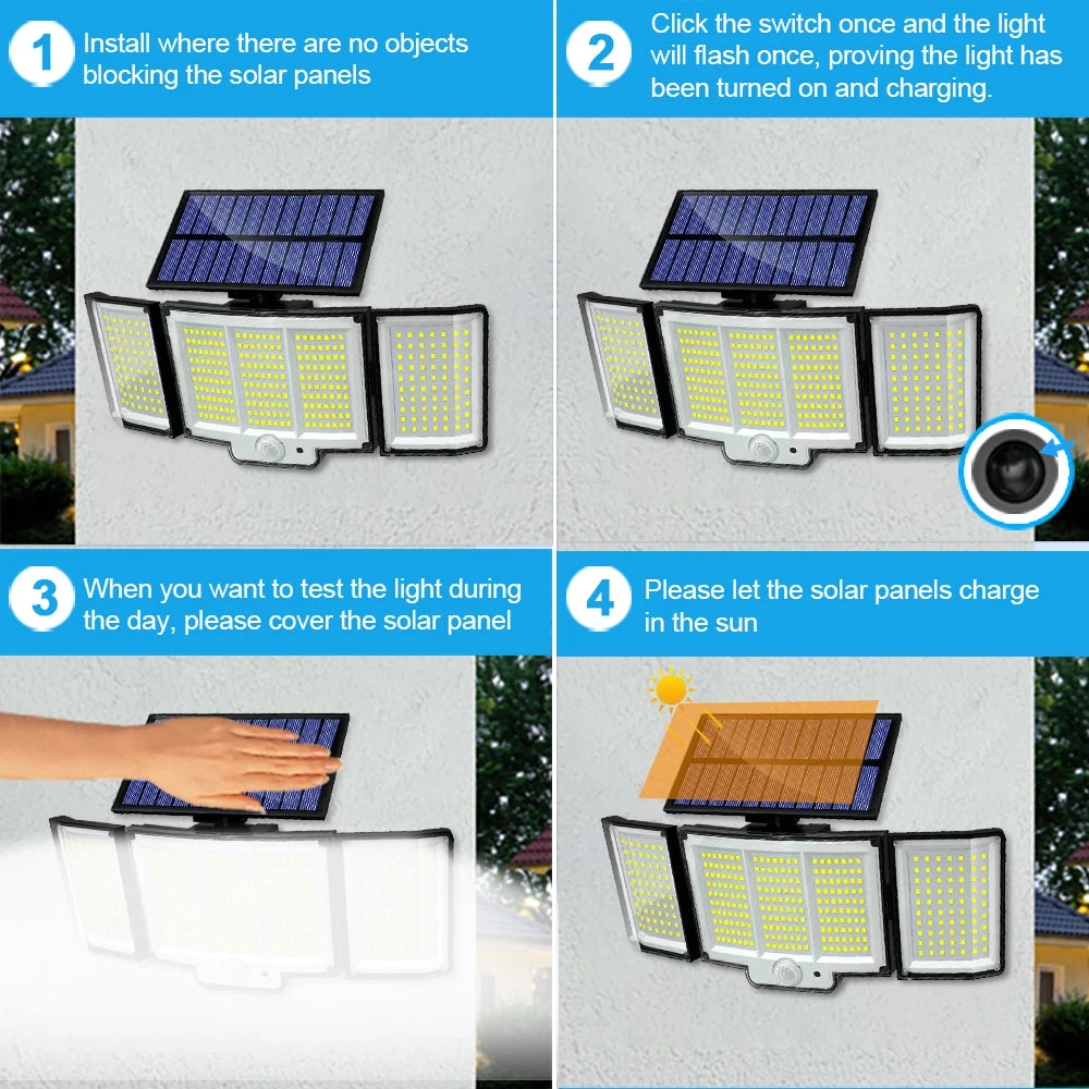 Solar Outdoor Motion Sensor Lights 348/328 LED Security Flood Wall Lamp Remote Control 270° IP65 Waterproof Outdoor Lighting
