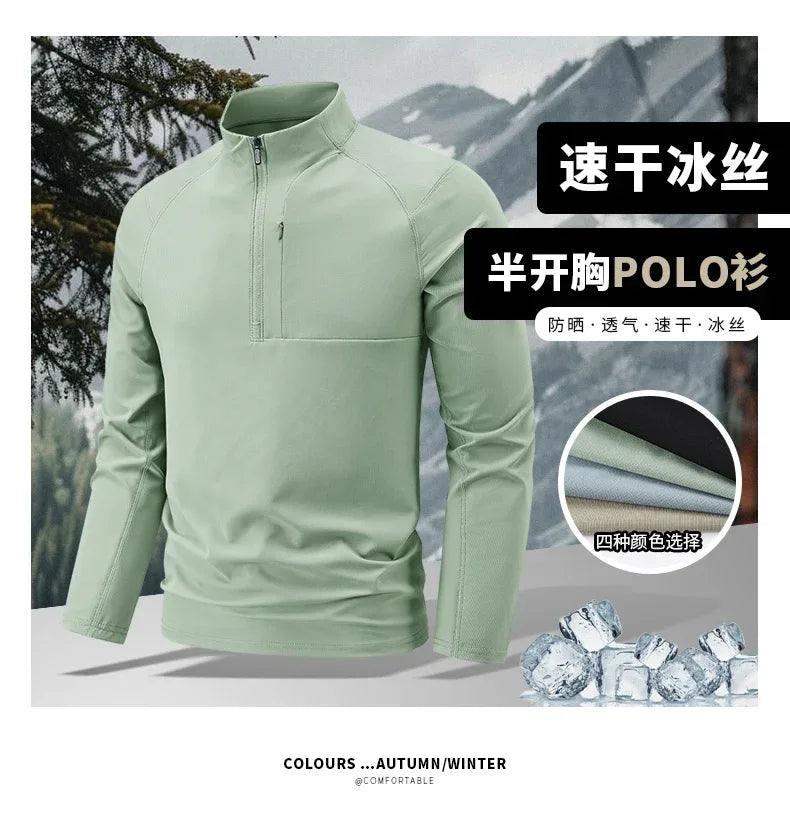 Quick Dry Men's Polo Shirt Stand Collar Pullover Male Long Sleeve Half Zipper Spring Big Size Plus Large 6XL 7XL 8XL Sport Golf